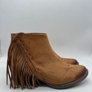 Circle G Tan Leather Fringe Western Ankle Boots Q0035 Whipstitch Size 9.5M